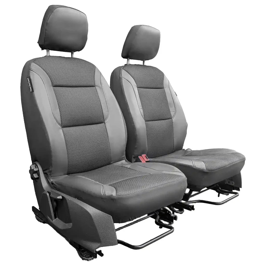 Front pair car seat covers, gray centers and dark bolsters with headrest covers