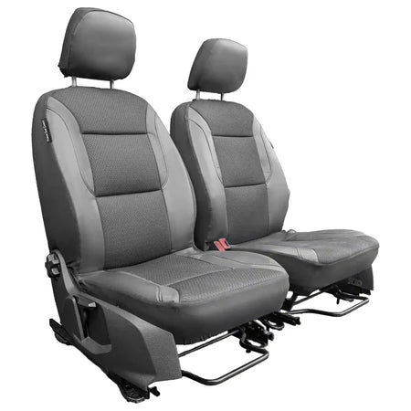 Front pair car seat covers, gray centers and dark bolsters with headrest covers