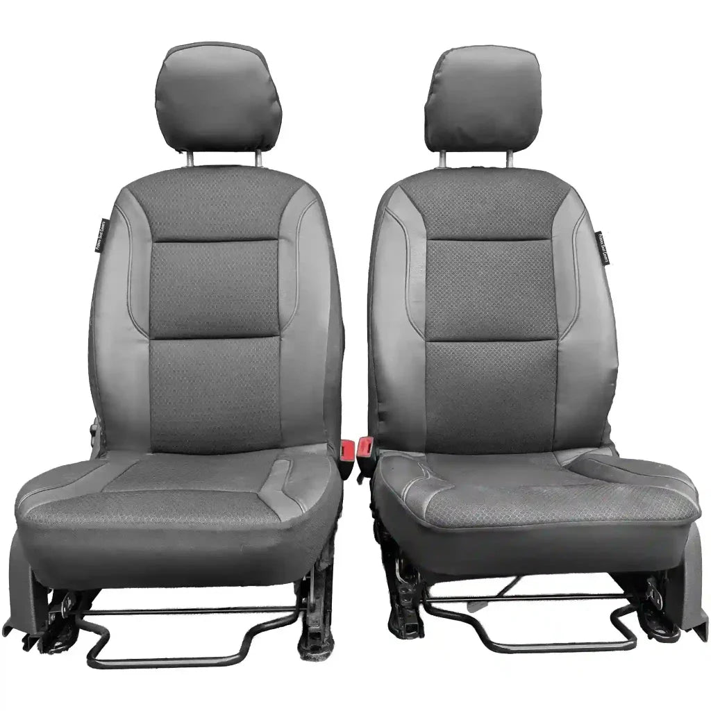 Pair of front car seat covers, gray textured center panels with dark side bolsters
