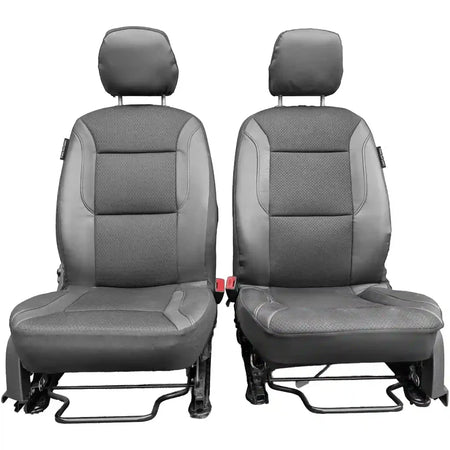 Pair of front car seat covers, gray textured center panels with dark side bolsters
