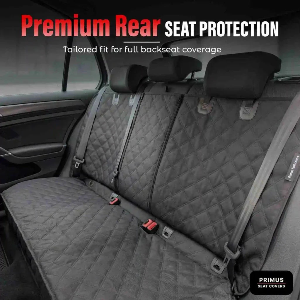 Car rear seat protector with quilted dark fabric and seatbelt openings
