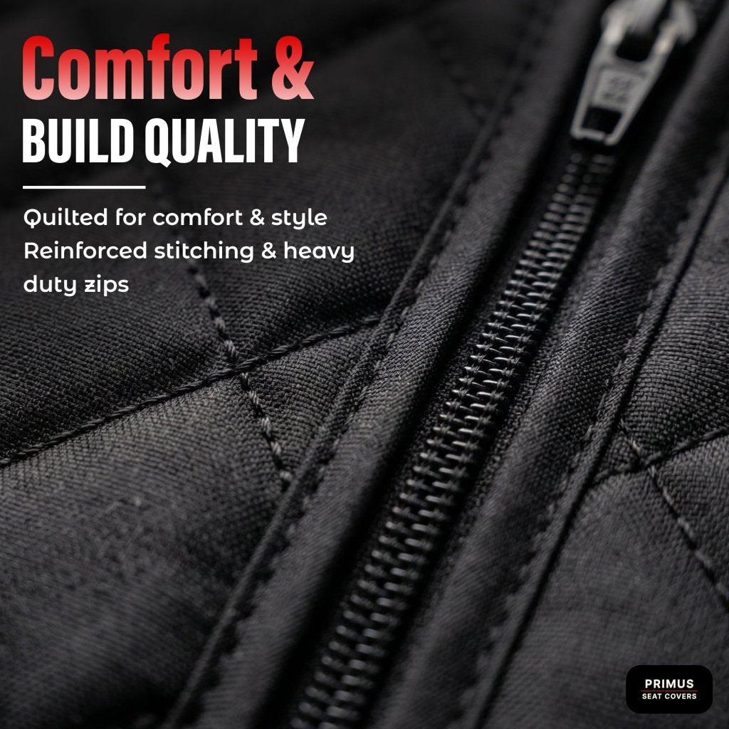 Rear seat protector close-up of quilted fabric seam and heavy-duty zipper