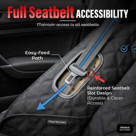 Rear seat protector with reinforced seatbelt slot and easy-feed path