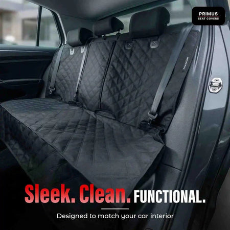 Car rear seat protector in dark quilted pattern covering rear bench seats