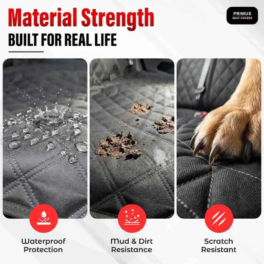 Rear seat protector fabric shown with water resistance, mud protection, and anti-scratch