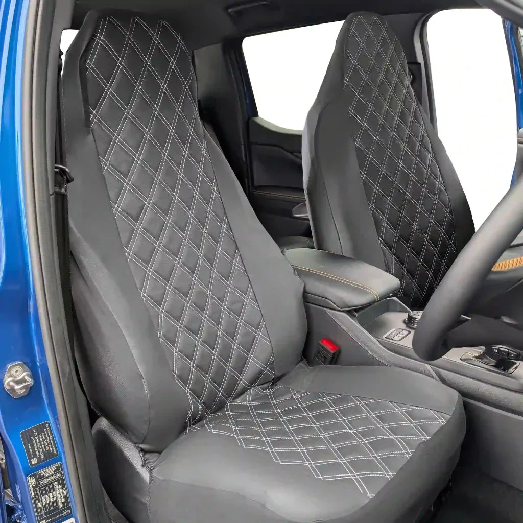 Front seat covers, gray faux leather with diamond stitch pattern, front pair