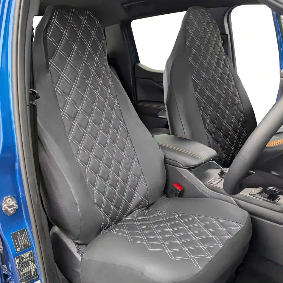 Front seat covers, gray faux leather with diamond stitch pattern, front pair