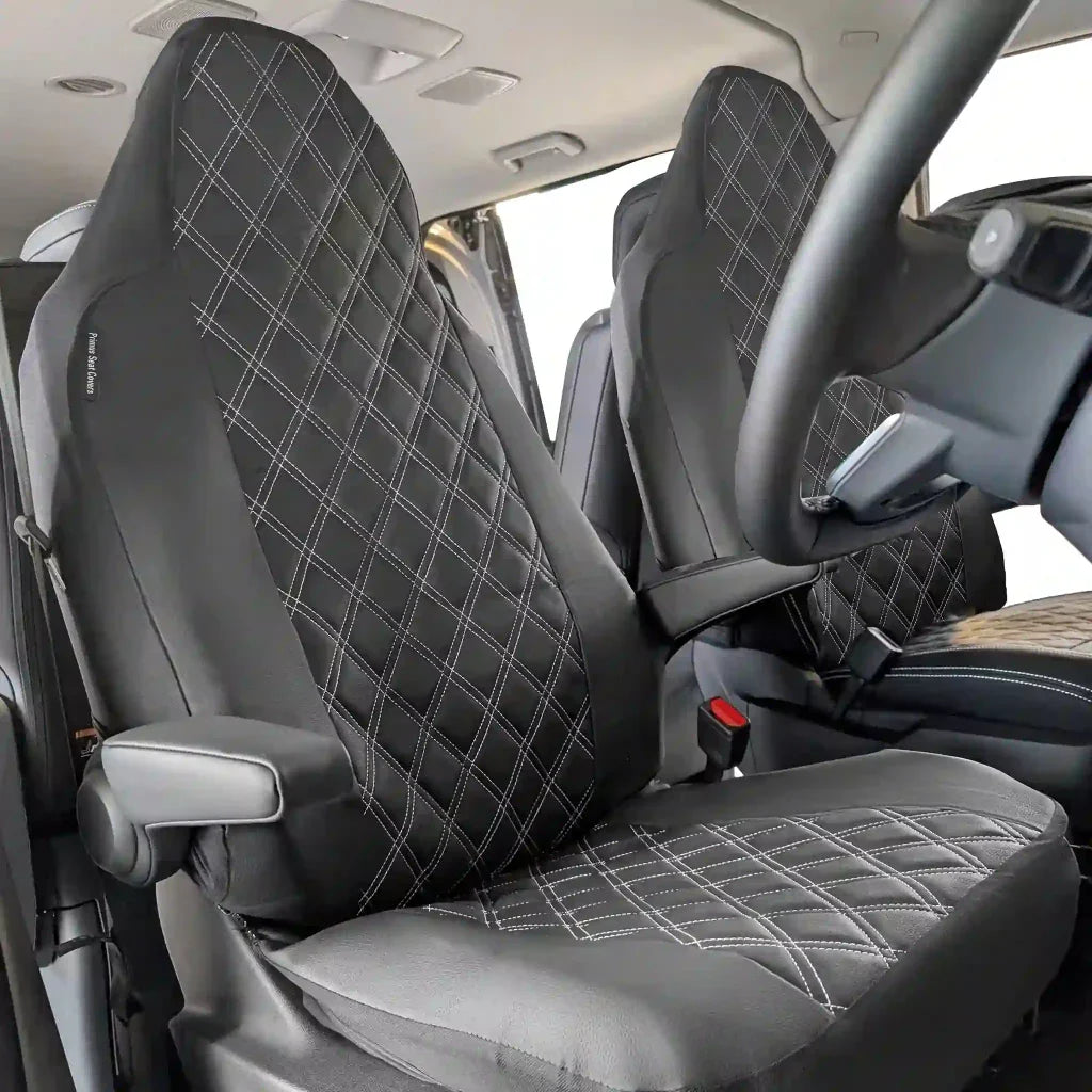 Front seat cover pair, gray faux leather with diamond lattice stitching on seat and back