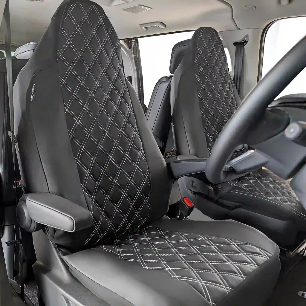 Front seat covers, black/gray faux leather with diamond stitch and quilted seat tops