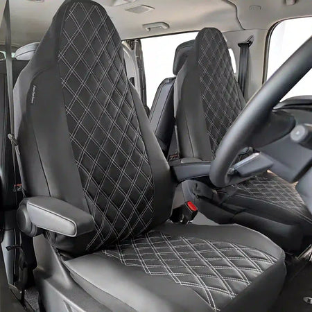 Front seat covers, black/gray faux leather with diamond stitch and quilted seat tops