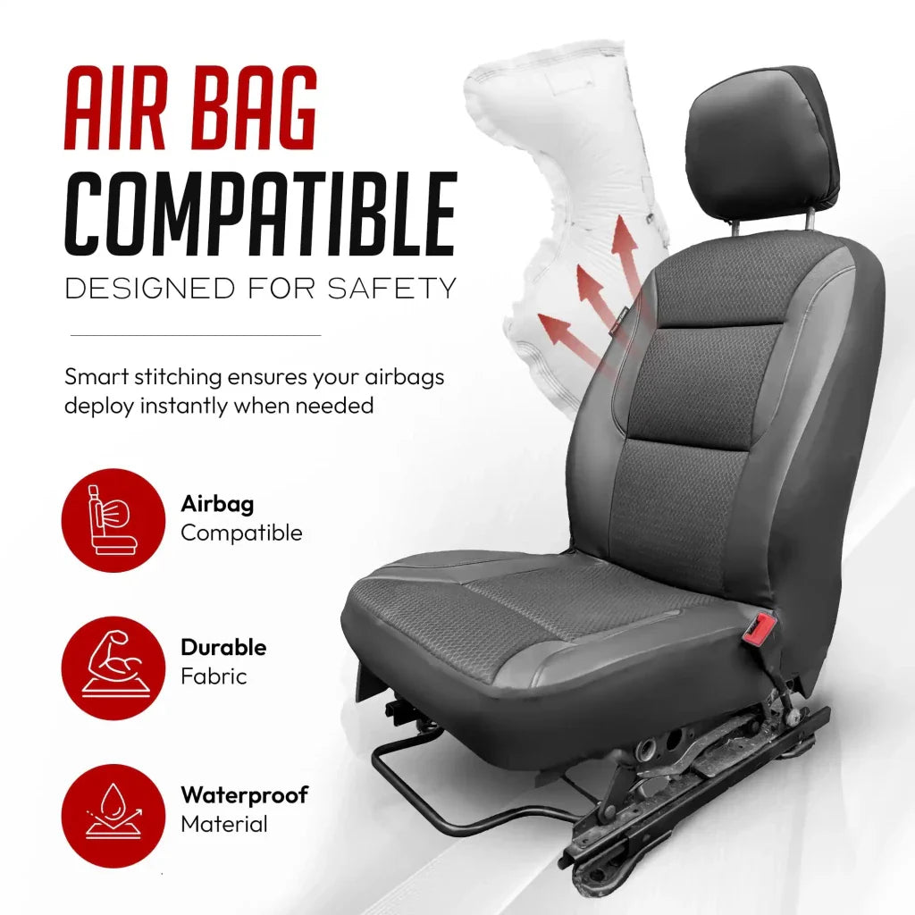 Airbag-compatible front car seat covers, gray textured fabric on seat and backrests