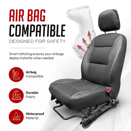 Airbag-compatible front car seat covers, gray textured fabric on seat and backrests