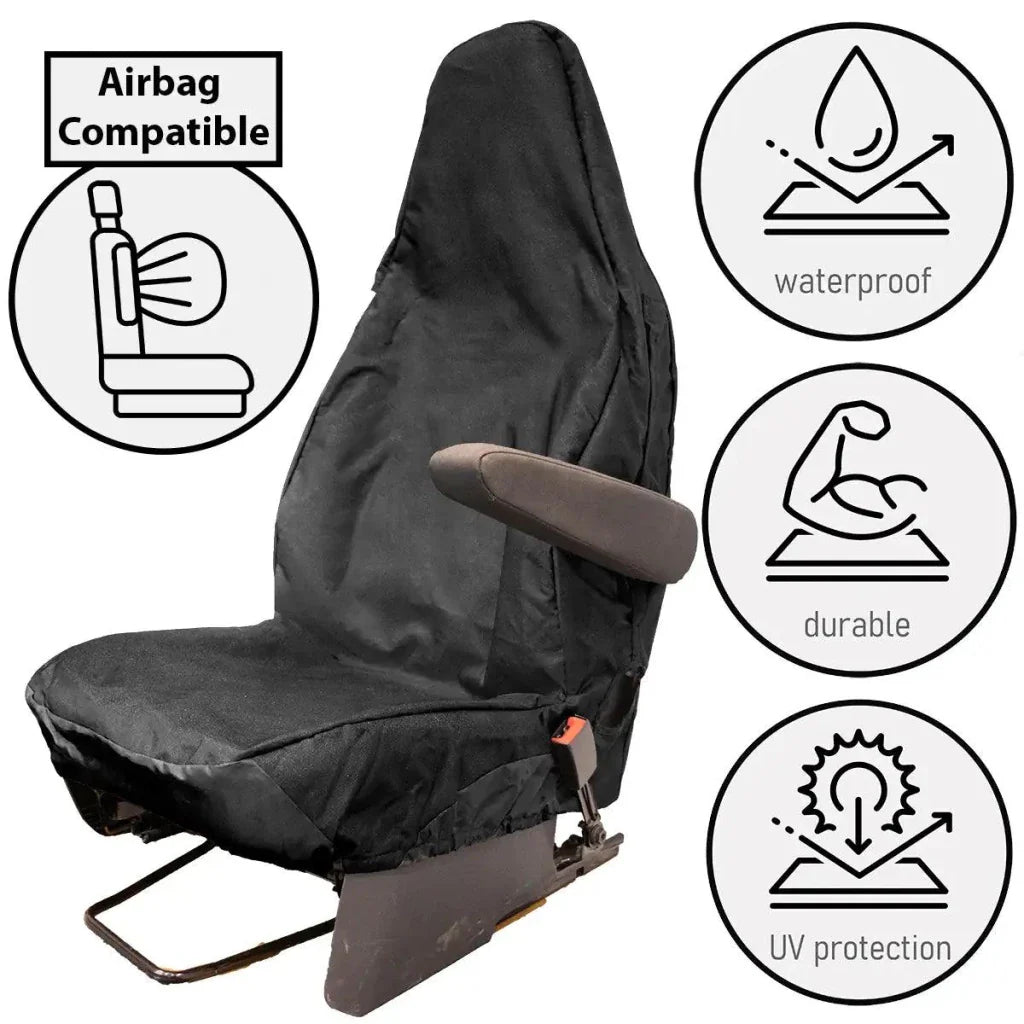 Black airbag-compatible van driver seat cover with waterproof and durable fabric look