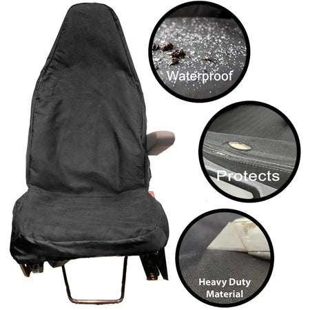 Black van driver seat cover with waterproof-style fabric and fitted base frame cutouts