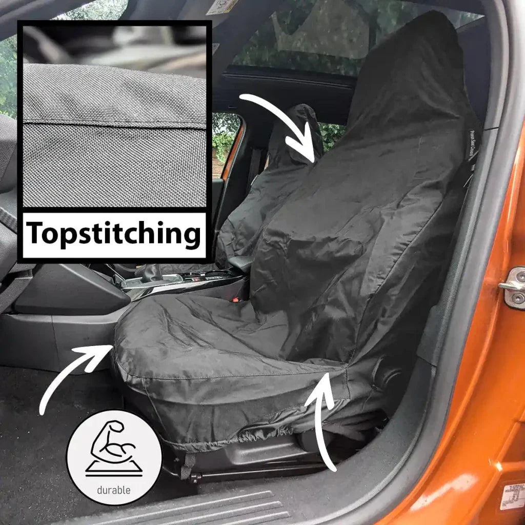 Black van seat cover with protective topstitching and full-seat coverage in car interior