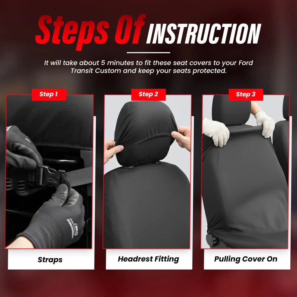 Dark gray seat cover installation steps with straps and fitted headrest