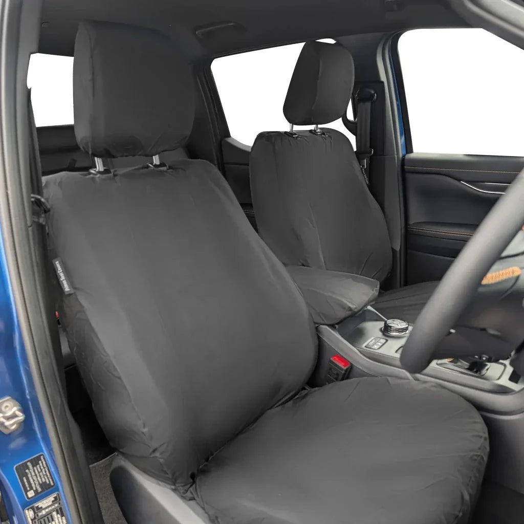 Ford Ranger front seat covers set, dark covers with headrest and center console area