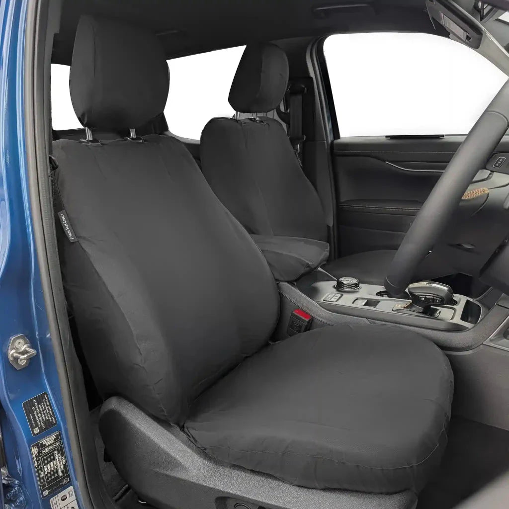 Ford Ranger front seat covers, dark fabric with fitted headrests and seat backs