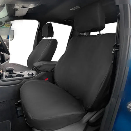 Ford Ranger front seat covers, dark fitted driver and passenger seats with armrest cutouts