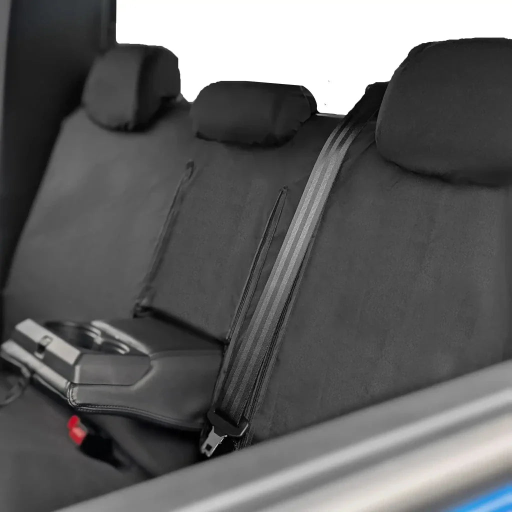 Rear seat cover set showing two seatback panels and gray headrests with center belt