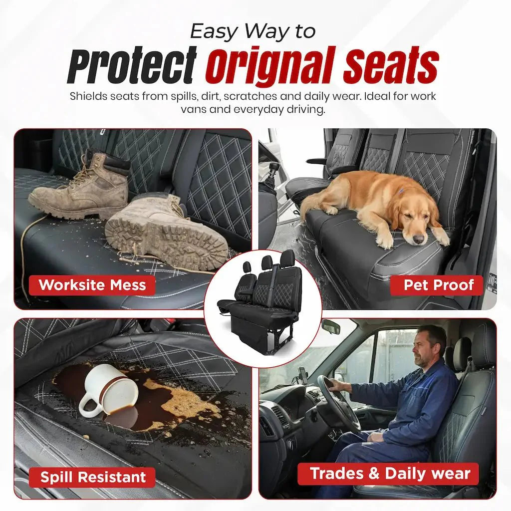 Black leather-look seat covers with diamond-stitched pattern on van seats