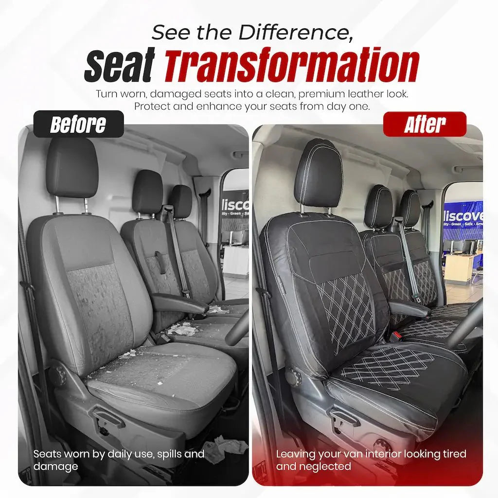 Black leather-look seat cover on van seat with diamond-stitched diamond pattern