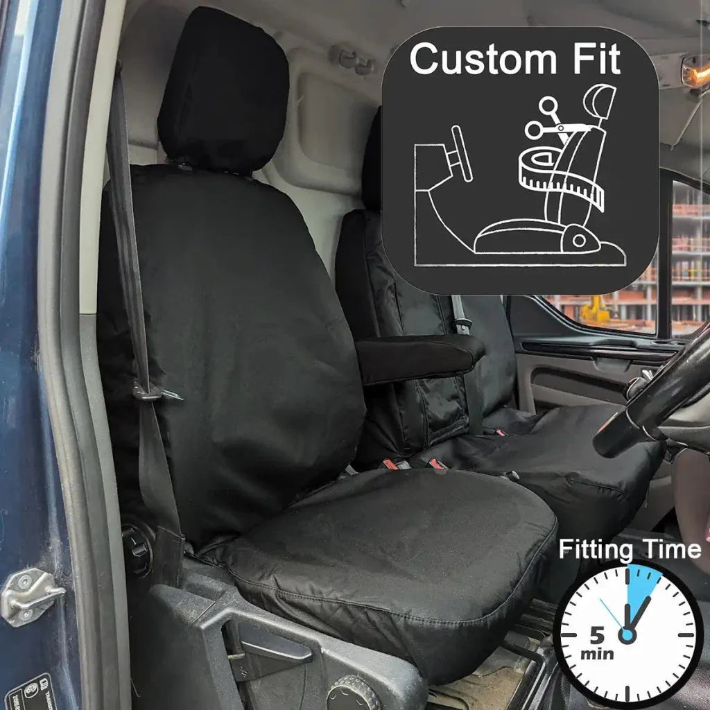 Ford Transit driver seat cover installed on a van front seat, dark full coverage