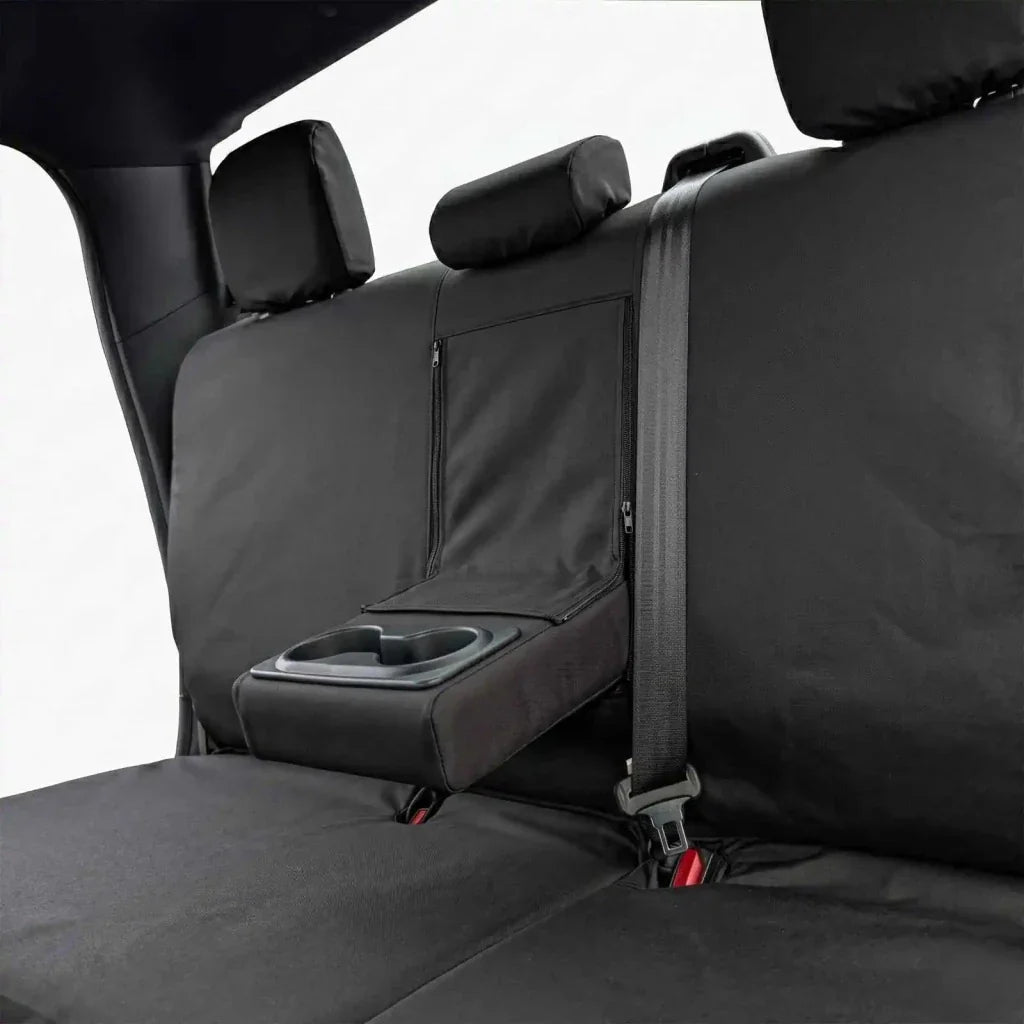 Rear seat cover with foldable back section, cup holder opening, dark fabric