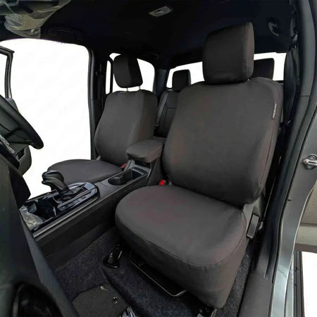 Front pair of seat covers with headrests and contoured seat cushions, dark fabric