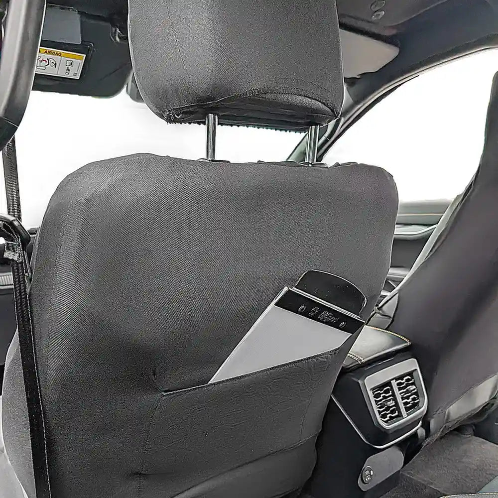 Gray leatherette front seat cover with diamond pattern and side handle cutout