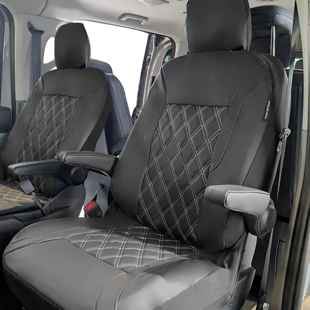 Car front seat cover pair in dark gray leatherette with diamond-stitched panels