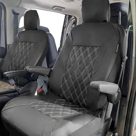 Car front seat cover pair in dark gray leatherette with diamond-stitched panels