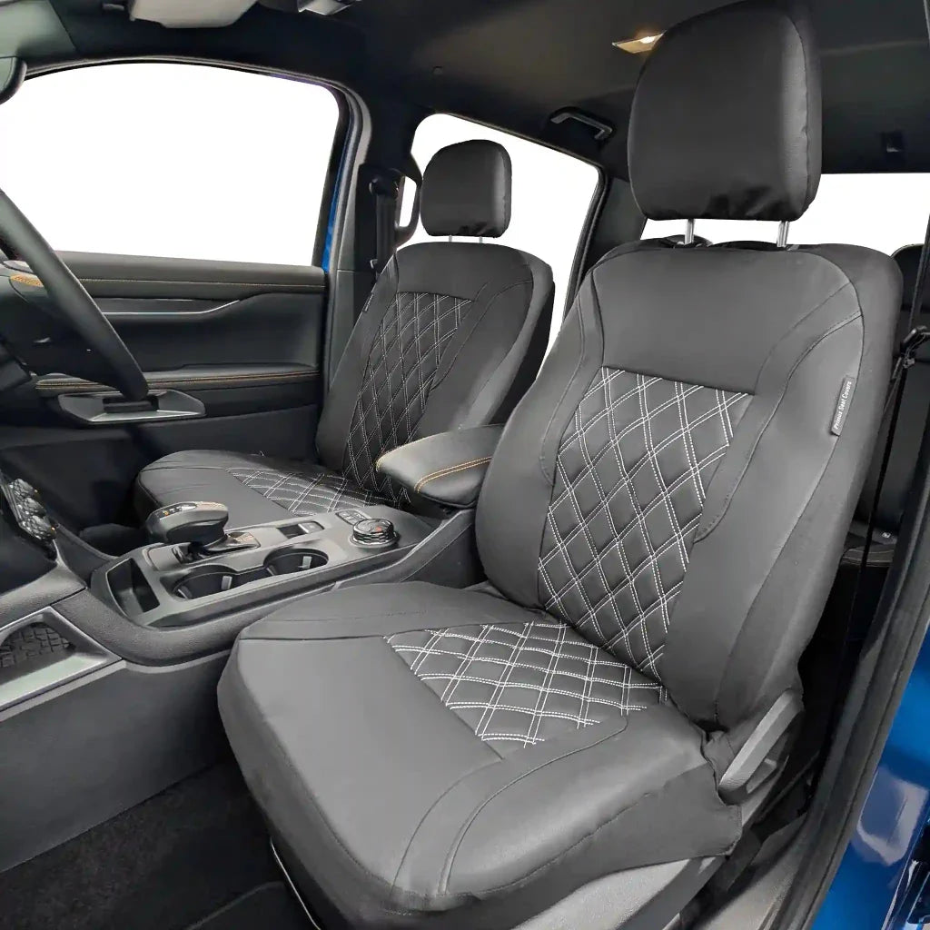 Front seat cover set: gray leatherette with diamond-stitched center panel