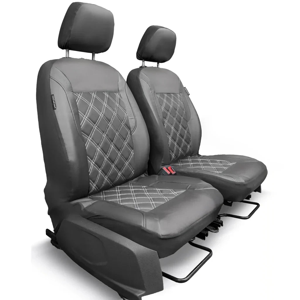 Front seat covers pair: gray leatherette with diamond stitch, matching headrests