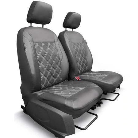 Front seat covers pair: gray leatherette with diamond stitch, matching headrests