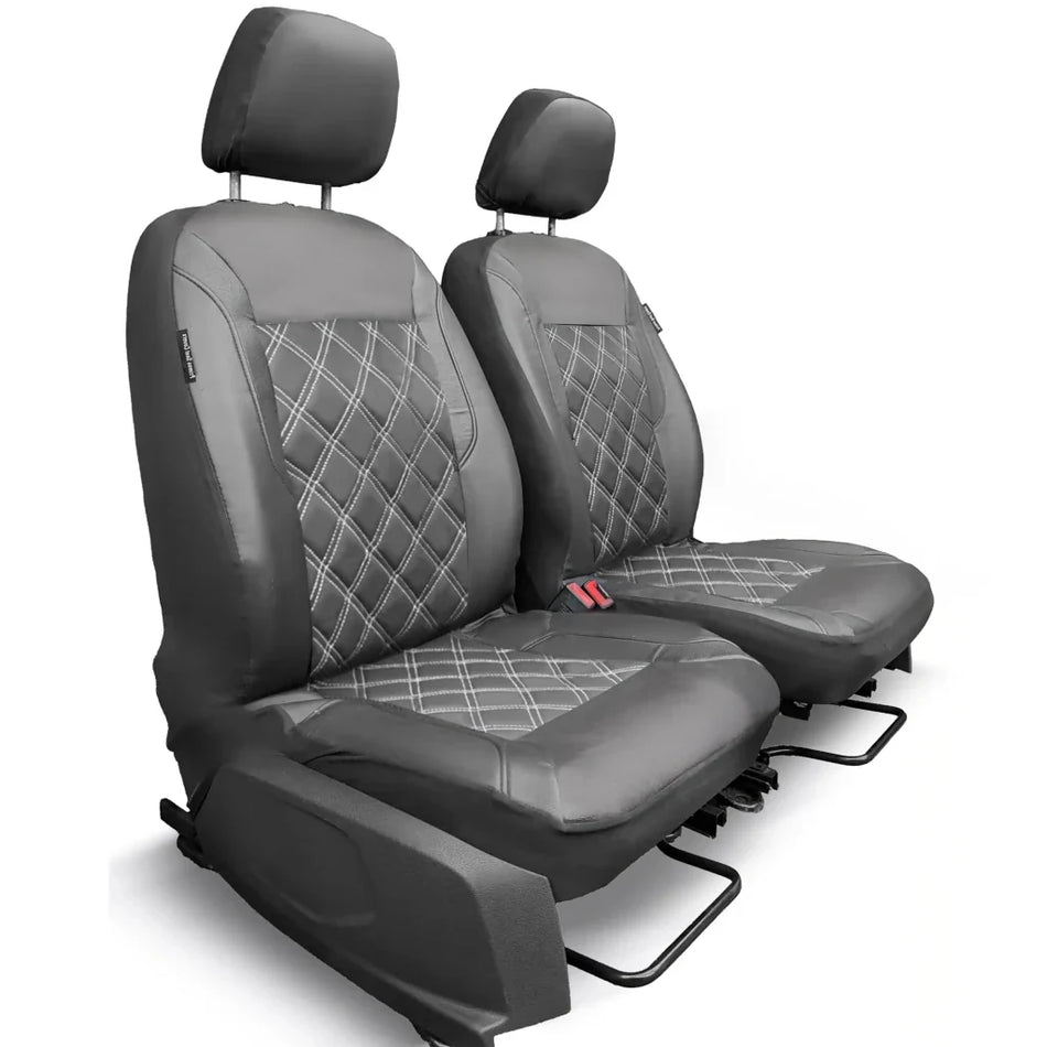 Front seat covers pair: gray leatherette with diamond stitch, matching headrests