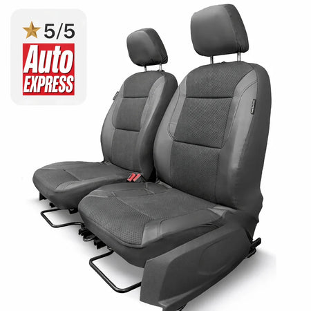 Front car seat covers, gray textured fabric with dark headrests and seat bottoms