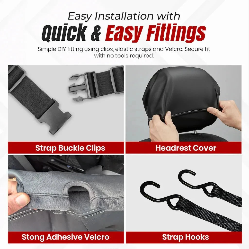 Seat cover installation kit with strap buckles, Velcro, and headrest cover