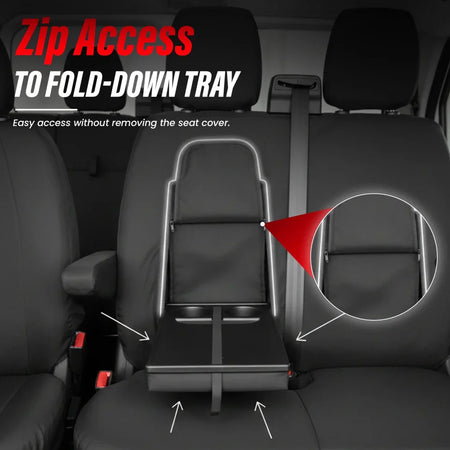 Waterproof black van seat covers with zip access for a fold-down tray