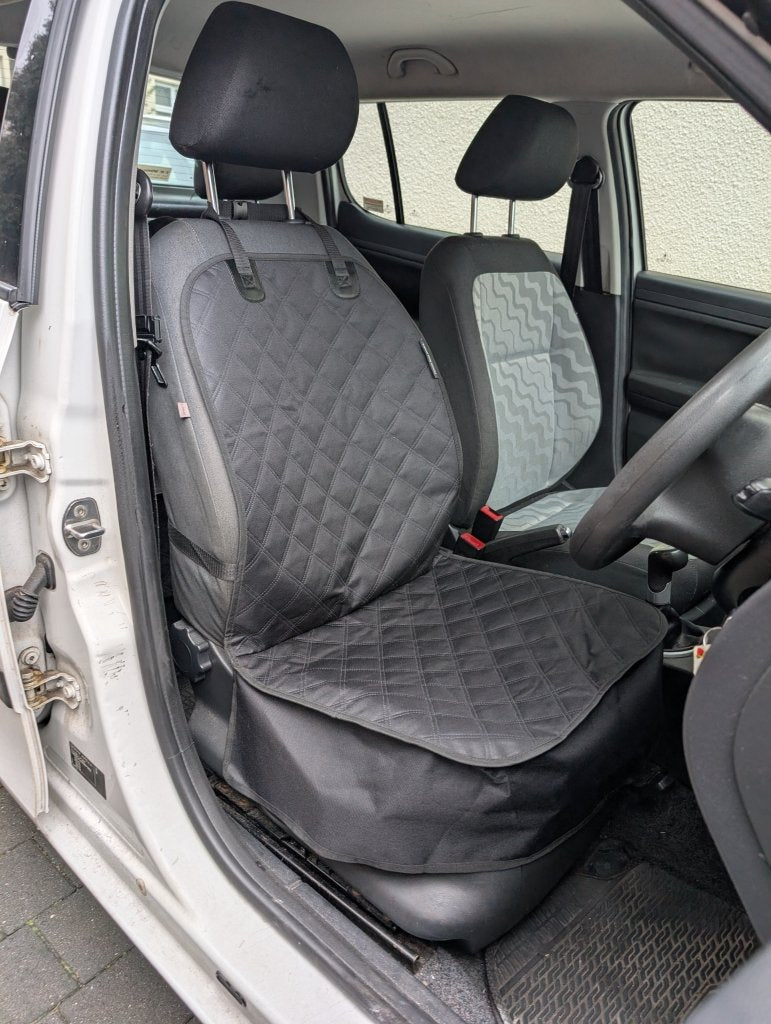 Car single seat protector set on front seats, dark gray quilted fabric with headrest covers