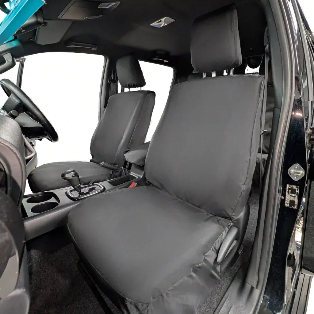 Front seat cover set: black padded bench seat with center armrest cutout
