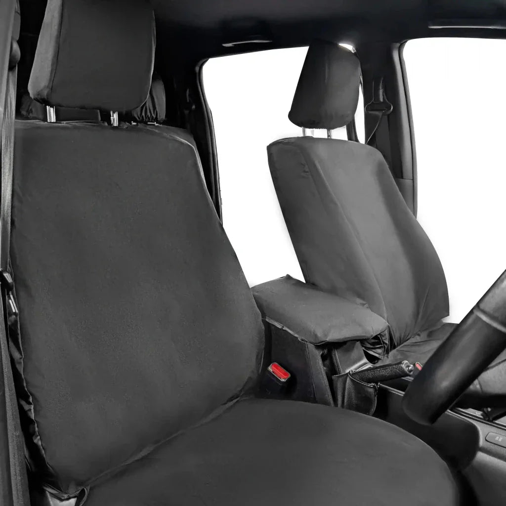 Front seat cover set: black driver and passenger seat covers with armrest pocket