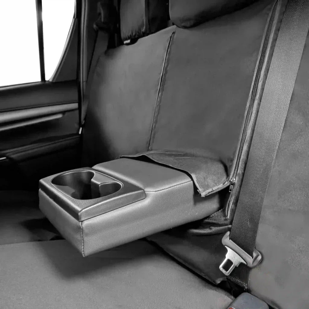 Rear seat cover armrest console with gray padded armrest and cup-holder openings
