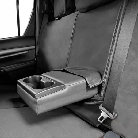Rear seat cover armrest console with gray padded armrest and cup-holder openings