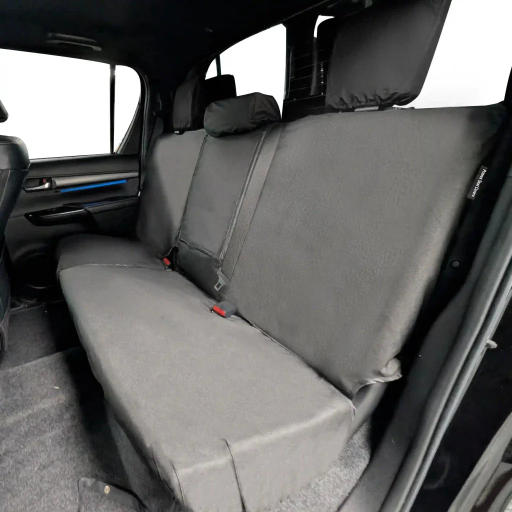 Rear seat cover set with gray seat cushion, backrest, and fastening straps
