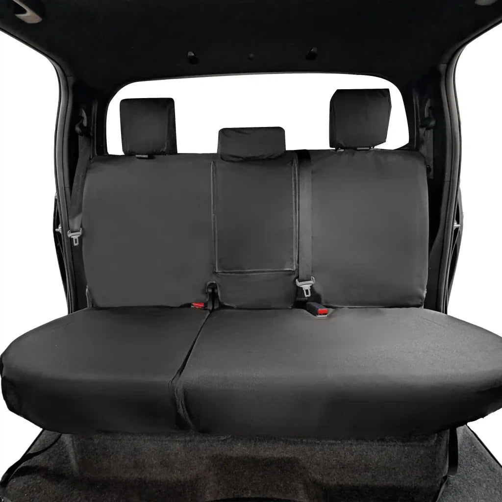 Rear seat cover set, gray with three seat sections and matching headrest covers