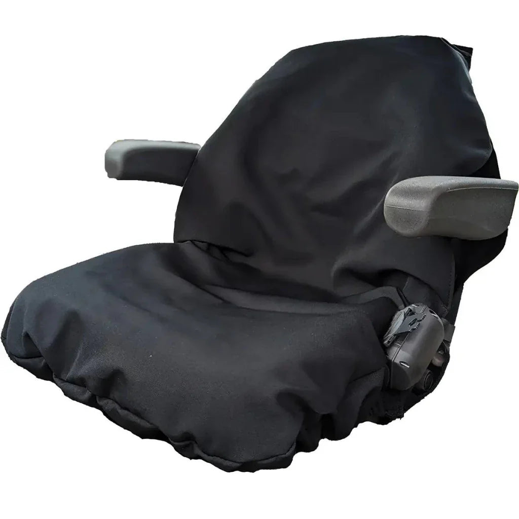 Black tractor seat cover with armrest openings and fitted contour paneling