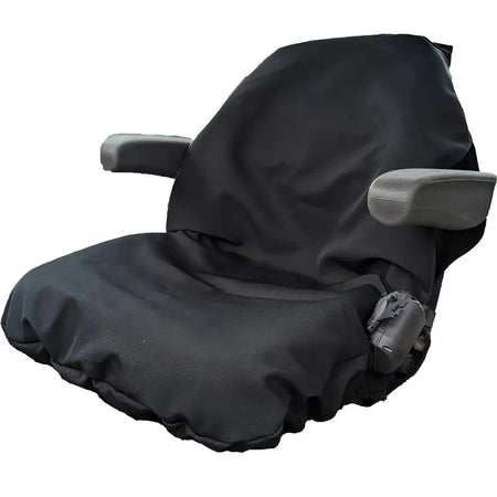 Black tractor seat cover with armrest openings and fitted contour paneling