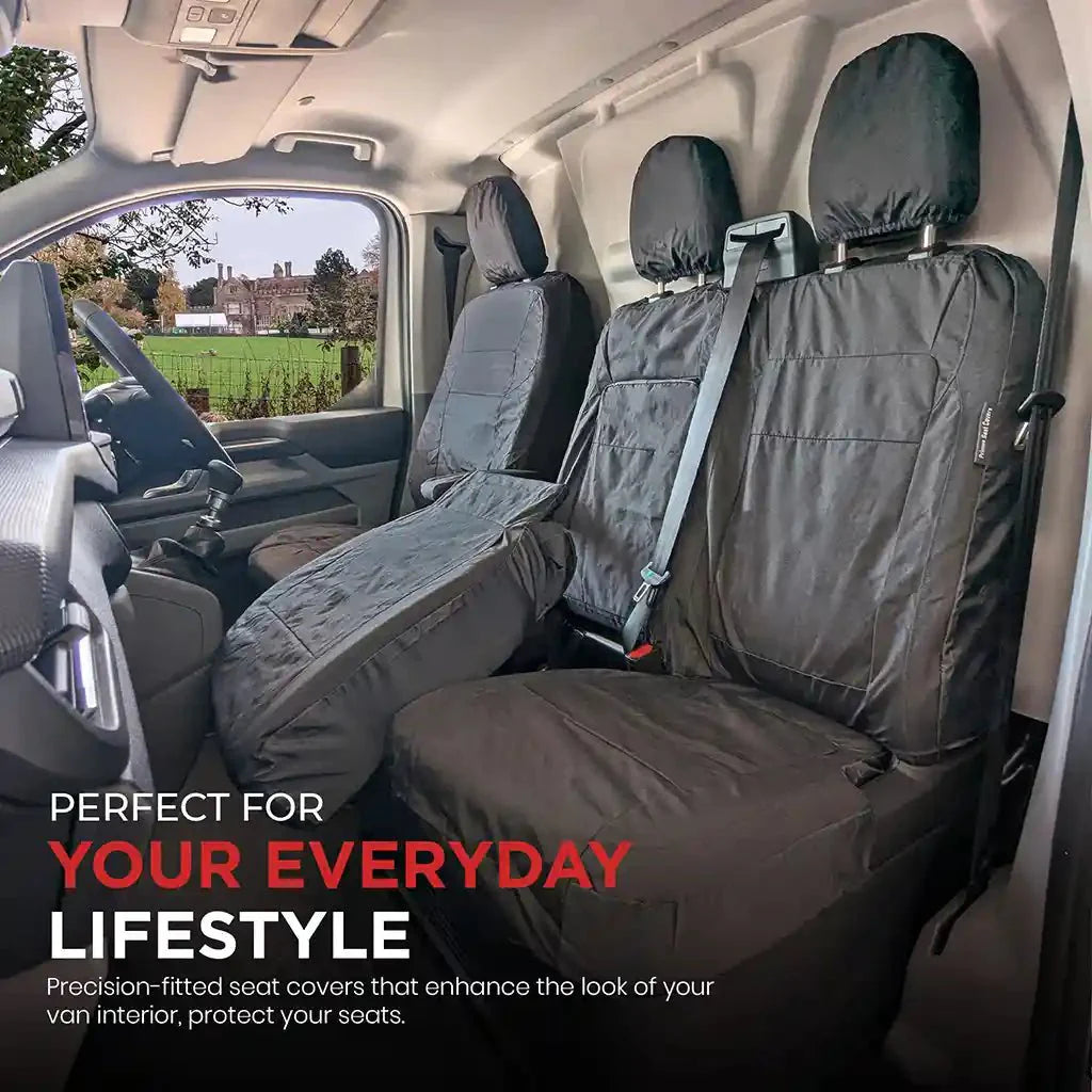 Black waterproof van seat covers covering front seats and rear bench