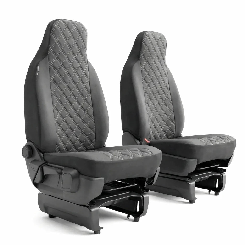 Front pair leatherette seat covers with integrated headrests, dark gray diamond quilting